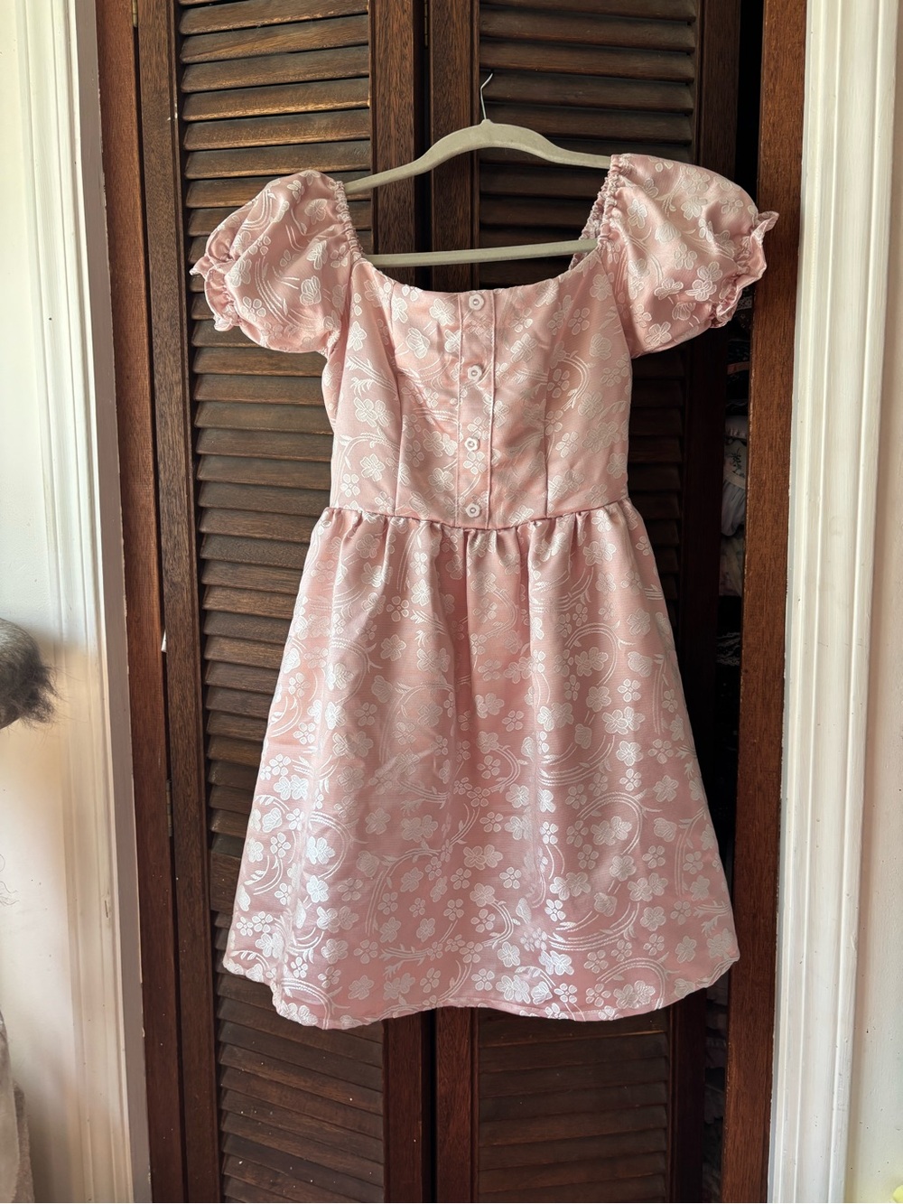 Pink Silk Puff-Sleeve Jacquard Floral Dress